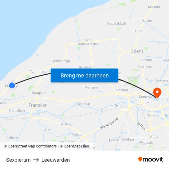 Sexbierum to Leeuwarden map