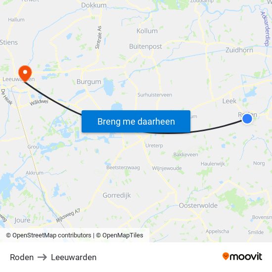 Roden to Leeuwarden map
