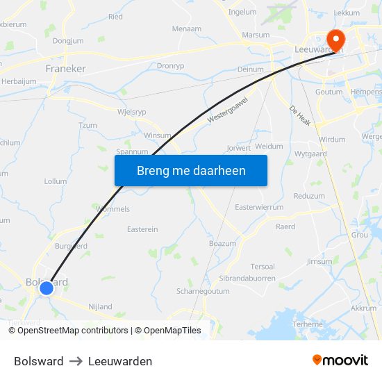 Bolsward to Leeuwarden map