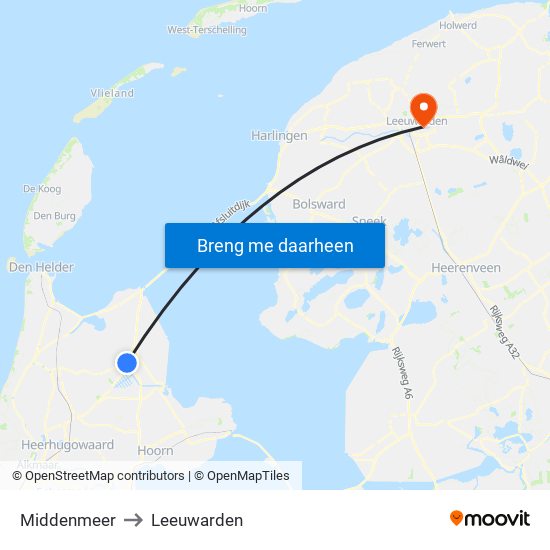 Middenmeer to Leeuwarden map
