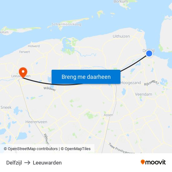 Delfzijl to Leeuwarden map