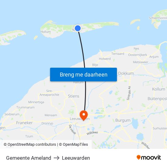 Gemeente Ameland to Leeuwarden map