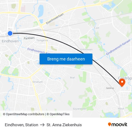 Eindhoven, Station to St. Anna Ziekenhuis map