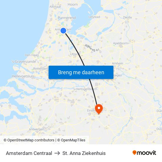 Amsterdam Centraal to St. Anna Ziekenhuis map