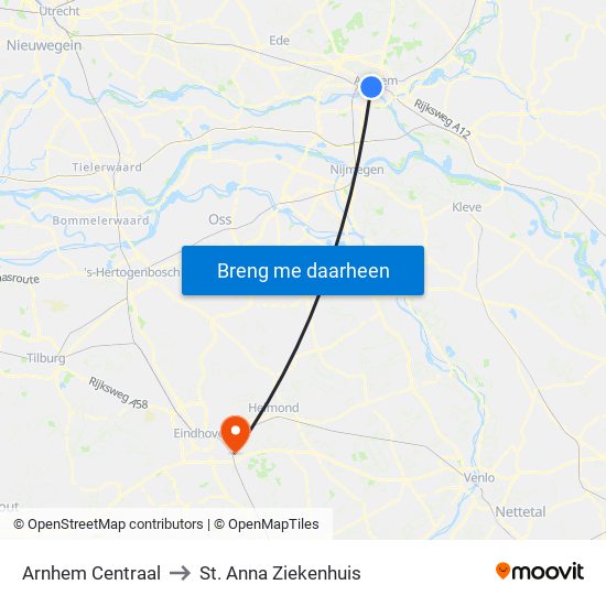 Arnhem Centraal to St. Anna Ziekenhuis map