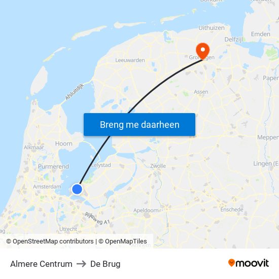 Almere Centrum to De Brug map