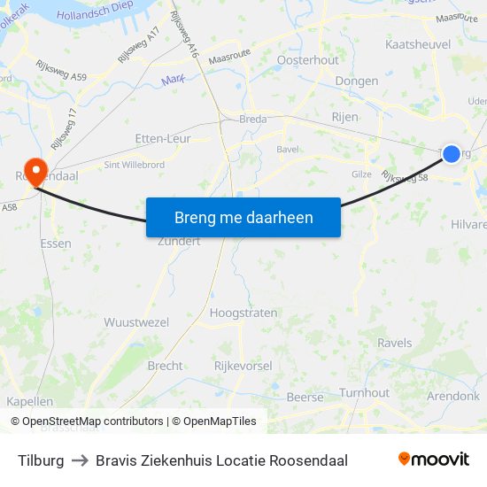 Tilburg to Bravis Ziekenhuis Locatie Roosendaal map