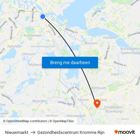 Nieuwmarkt to Gezondheidscentrum Kromme Rijn map