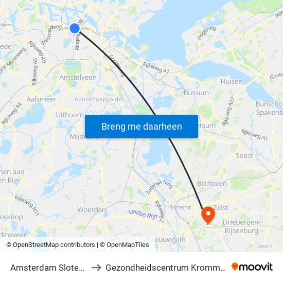 Amsterdam Sloterdijk to Gezondheidscentrum Kromme Rijn map