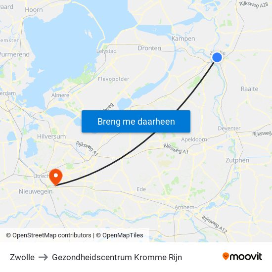 Zwolle to Gezondheidscentrum Kromme Rijn map