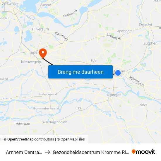 Arnhem Centraal to Gezondheidscentrum Kromme Rijn map