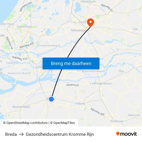 Breda to Gezondheidscentrum Kromme Rijn map