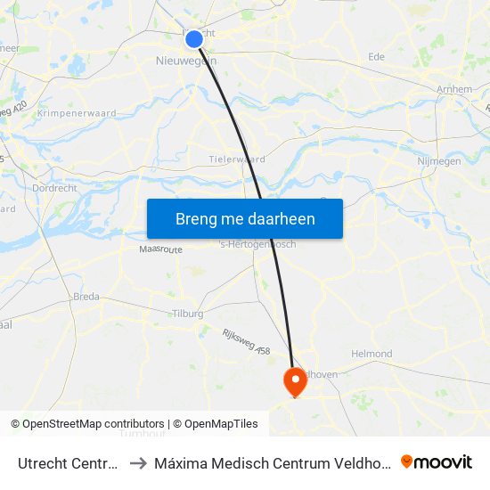 Utrecht Centraal to Máxima Medisch Centrum Veldhoven map