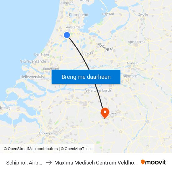 Schiphol, Airport to Máxima Medisch Centrum Veldhoven map