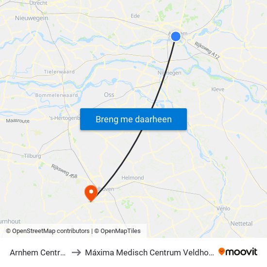 Arnhem Centraal to Máxima Medisch Centrum Veldhoven map