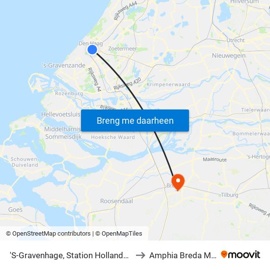 'S-Gravenhage, Station Hollands Spoor (Perron A) to Amphia Breda Molengracht map