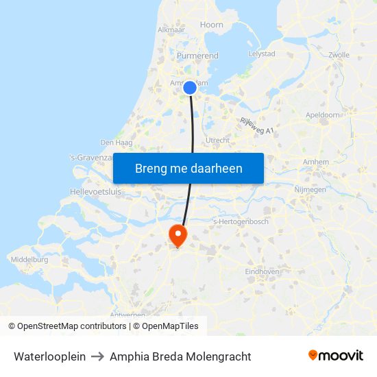 Waterlooplein to Amphia Breda Molengracht map