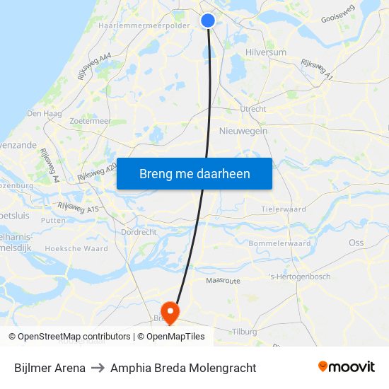 Bijlmer Arena to Amphia Breda Molengracht map