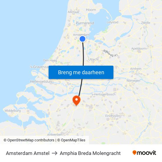 Amsterdam Amstel to Amphia Breda Molengracht map