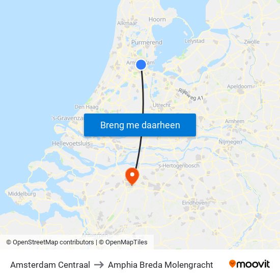 Amsterdam Centraal to Amphia Breda Molengracht map