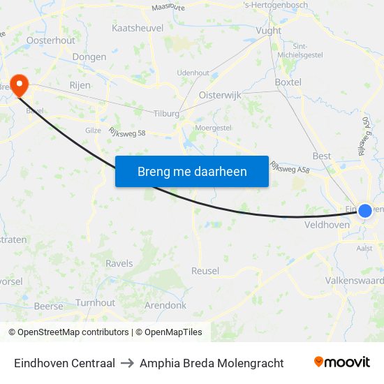 Eindhoven Centraal to Amphia Breda Molengracht map