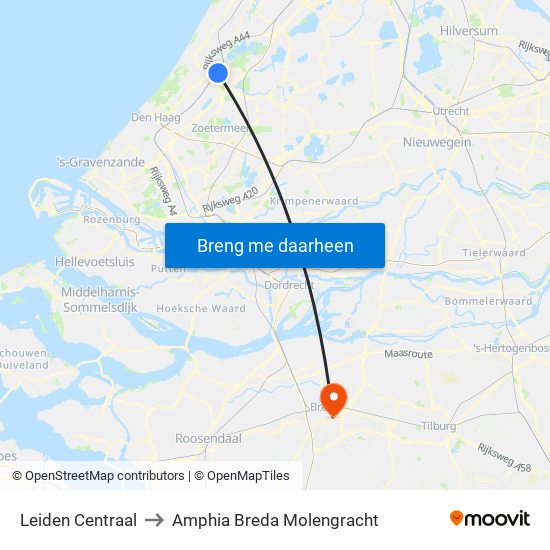 Leiden Centraal to Amphia Breda Molengracht map