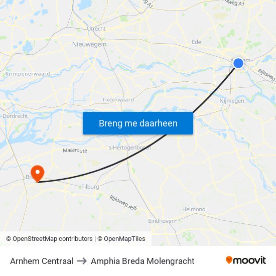 Arnhem Centraal to Amphia Breda Molengracht map