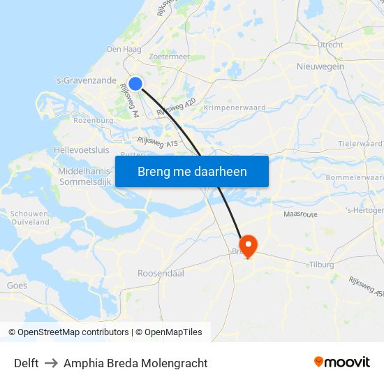 Delft to Amphia Breda Molengracht map