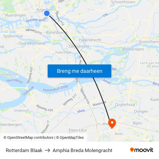 Rotterdam Blaak to Amphia Breda Molengracht map