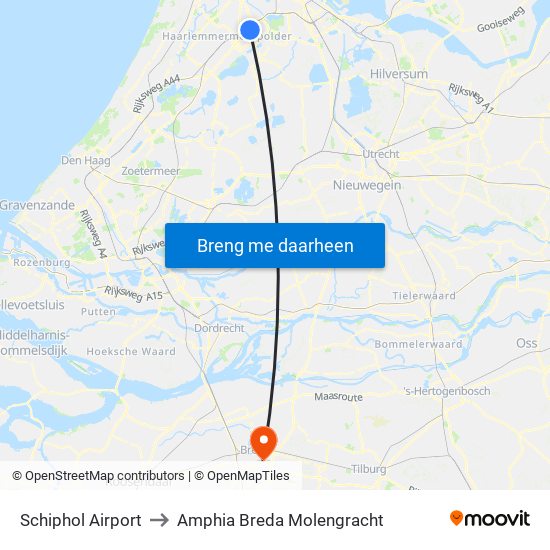 Schiphol Airport to Amphia Breda Molengracht map