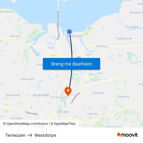 Terneuzen to Westdorpe map