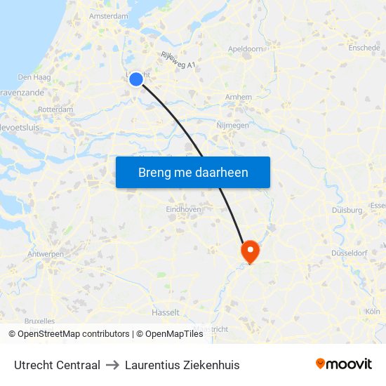 Utrecht Centraal to Laurentius Ziekenhuis map