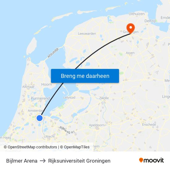 Bijlmer Arena to Rijksuniversiteit Groningen map