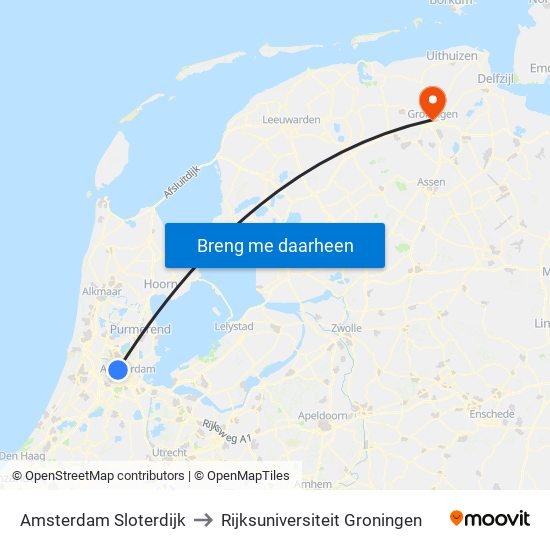 Amsterdam Sloterdijk to Rijksuniversiteit Groningen map