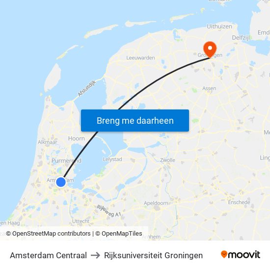 Amsterdam Centraal to Rijksuniversiteit Groningen map