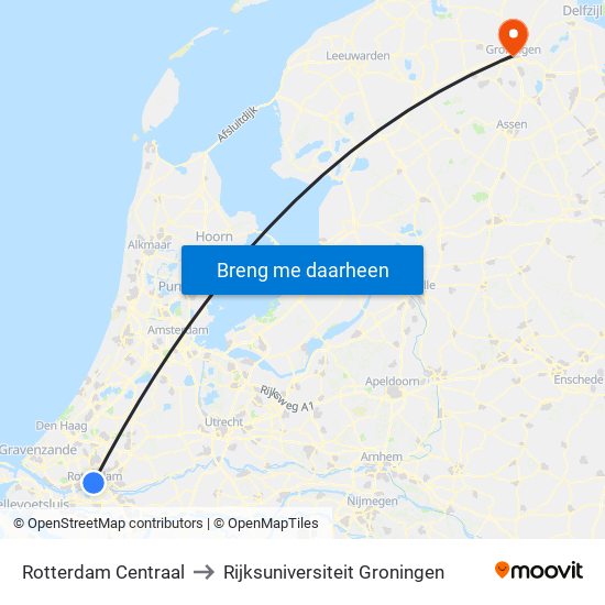 Rotterdam Centraal to Rijksuniversiteit Groningen map