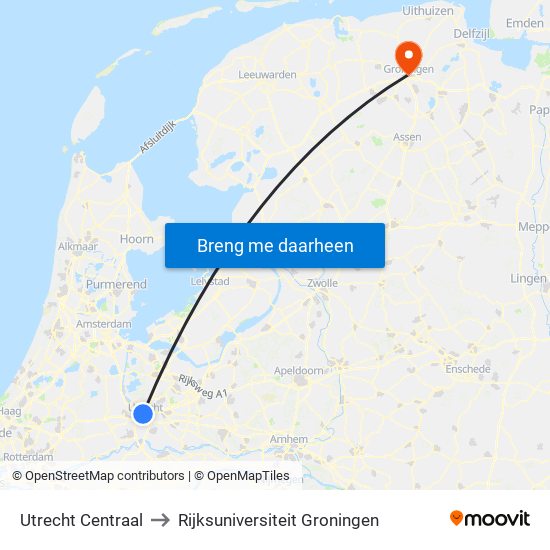 Utrecht Centraal to Rijksuniversiteit Groningen map