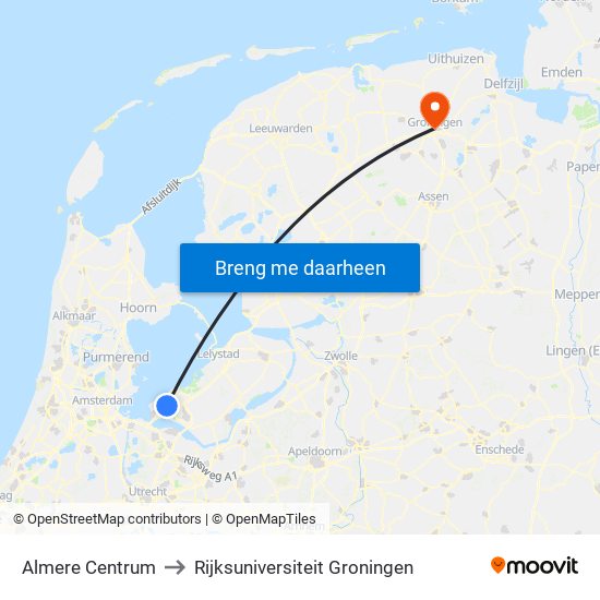 Almere Centrum to Rijksuniversiteit Groningen map