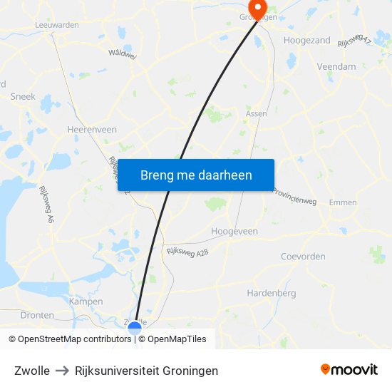 Zwolle to Rijksuniversiteit Groningen map