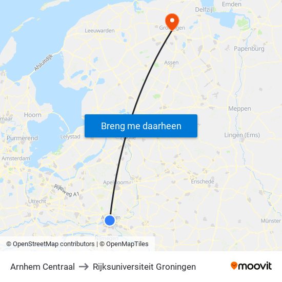 Arnhem Centraal to Rijksuniversiteit Groningen map