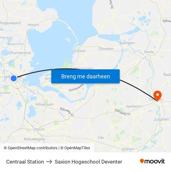 Centraal Station to Saxion Hogeschool Deventer map