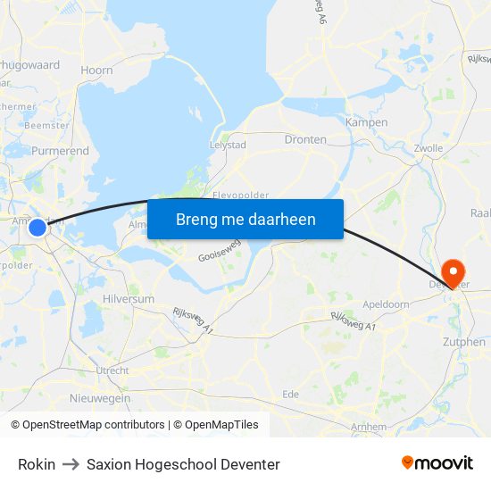 Rokin to Saxion Hogeschool Deventer map