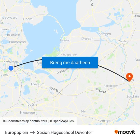 Europaplein to Saxion Hogeschool Deventer map