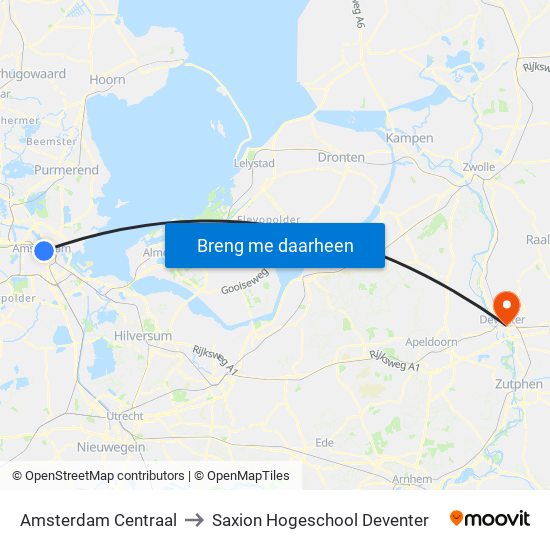 Amsterdam Centraal to Saxion Hogeschool Deventer map