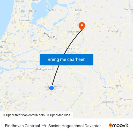 Eindhoven Centraal to Saxion Hogeschool Deventer map