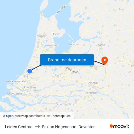 Leiden Centraal to Saxion Hogeschool Deventer map
