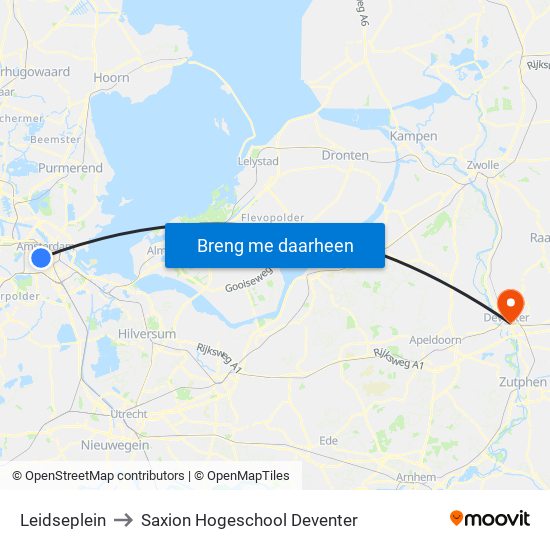 Leidseplein to Saxion Hogeschool Deventer map