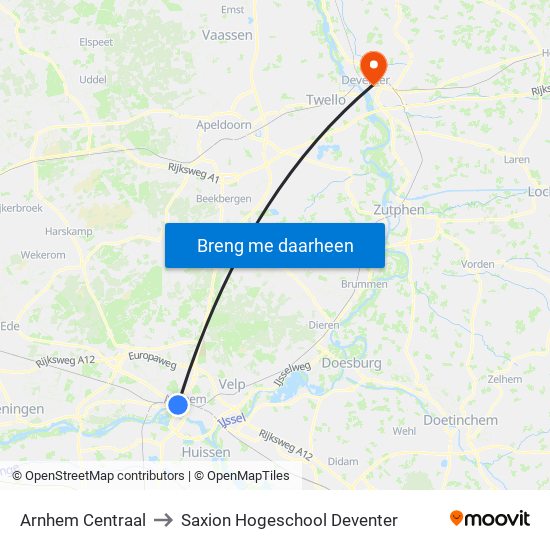 Arnhem Centraal to Saxion Hogeschool Deventer map