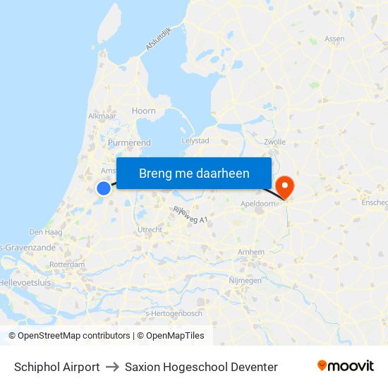 Schiphol Airport to Saxion Hogeschool Deventer map