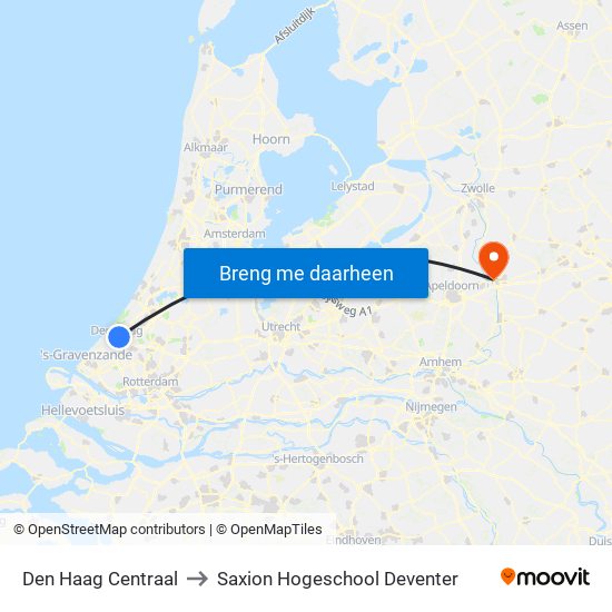 Den Haag Centraal to Saxion Hogeschool Deventer map